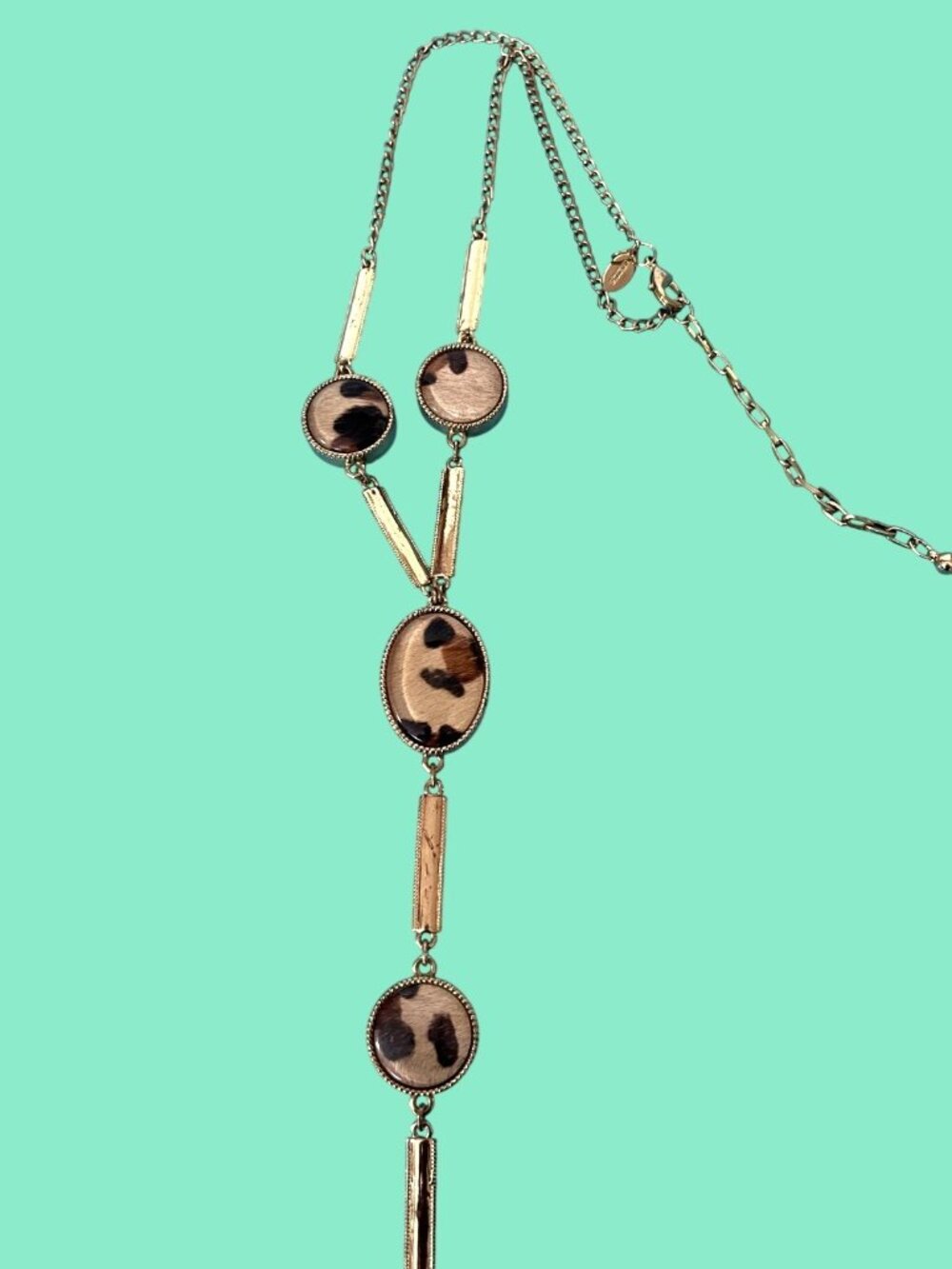 Vintage Chico's Gold-Toned Tassel Necklace With Faux Tortoise and animal print - Picture 2 of 12